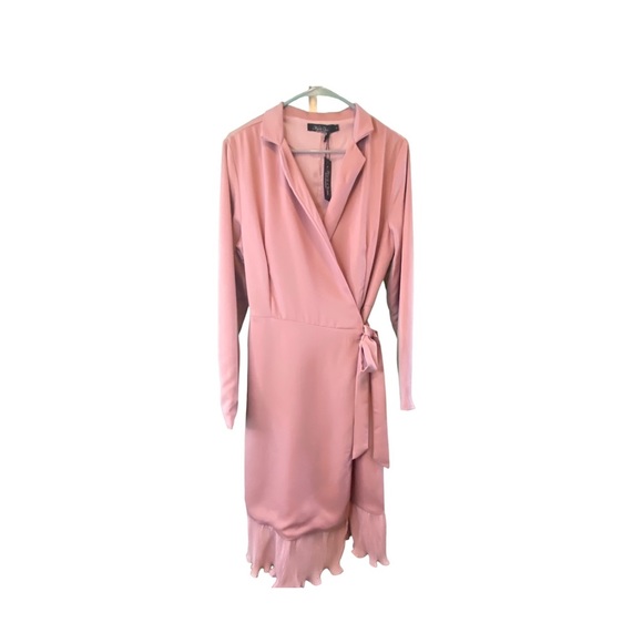 Mauve Pink Long Sleeve Ruffle Hem Belted Wrap MIDI Dress - Picture 3 of 7